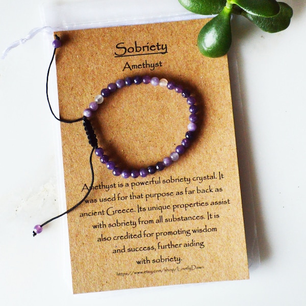 4mm sobriety bracelet, amethyst sobriety string bracelet, crystal sobriety bracelet, 4mm crystal bracelet adjustable, other stones available