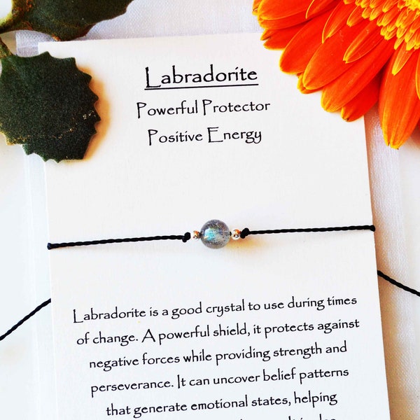 Adjustable Labradorite String Bracelet: Powerful Protector & Positive Energy, Incl. Meaning Card, Handmade Crystal Jewelry, Meaningful Gift