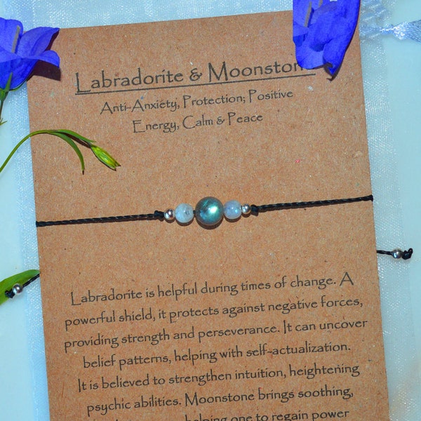 Labradorite bracelet, moonstone bracelet, anti anxiety bracelet, moonstone string bracelet w labradorite, crystal protection string bracelet