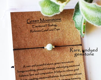 Green Moonstone Adjustable String Bracelet - Emotional Healing, Grief Relief, Love, Compassion - W/Card - Genuine Chakra Stone for Anxiety