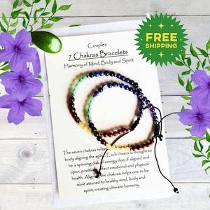 Couples 7 Chakra Crystal Bracelets Waterproof, Matching Meditation Jewelry, Rainbow Spiritual Gift, Mindefulness Bracelet Set, Adjustable