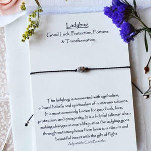 May include: A black adjustable cord bracelet with a silver ladybug charm. The card behind the bracelet reads "Ladybug Good Luck, Protection, Fortune & Transformation". The card also includes text about the ladybug's symbolism.