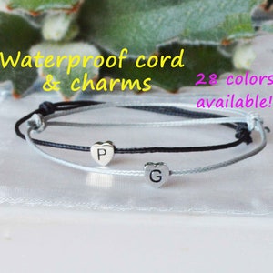Waterproof Couple Bracelets: Matching Initial Heart Charm Cord Bracelet Set