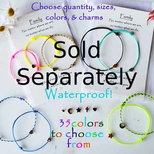 May include: Assorted waterproof bracelets in various colors, including pink, yellow, black, and blue. The image includes text that reads "Choose quantity, sizes, colors, & charms" and "35 colors to choose from."