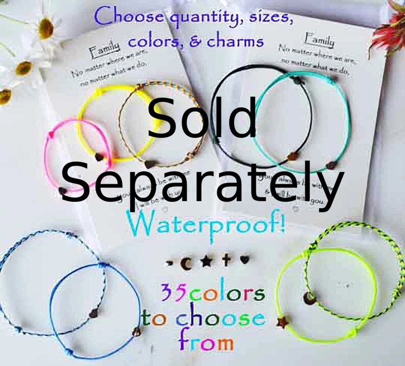 May include: Assorted waterproof bracelets in various colors, including pink, yellow, black, and blue. The image includes text that reads "Choose quantity, sizes, colors, & charms" and "35 colors to choose from."