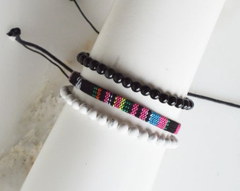 Adjustable 4mm Onyx and or White Howlite Bracelets, Black Fabric w/ Multicolor Accents - Mix & Match Set or Solo Wear, Waterproof Boho Style