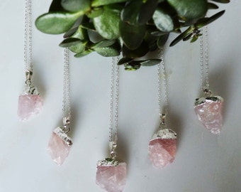 Crystal Pendant Necklace, Raw Rose Quartz Jewelry, Crystal Lover Gifts, Silver Rose Quartz Pendant, Heart Chakra Jewelry, Boho Ruby, w Box