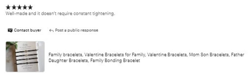 May include: A product image featuring several black cord bracelets with small, silver-colored charms. The bracelets are displayed on a white card with text. The image also includes customer feedback: "Well-made and it doesn't require constant tightening."