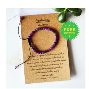 Amethyst Sobriety Bracelet | Recovery Jewelry Gift | Healing Crystal Addiction Support | Sober Anniversary | Purple Stone Adjustable Cord