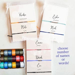 May include: Handmade personalized bracelets in various colors, displayed on white cards with names and Morse code. The image includes a box of colorful threads and the text "choose number of names or words!"