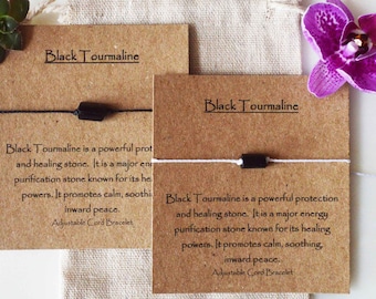 Raw black Tourmaline adjustable string bracelet, protection stone, powerful healing stone, raw black tourmaline cord bracelet w meaning card