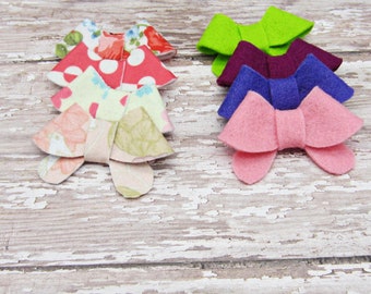 Set of 8 Felt Bows Hair Clip or French Barrette, Small Size, Purple, Green, Floral