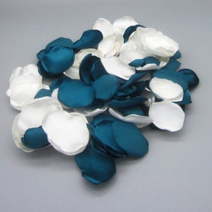 50 Teal & Ivory Satin Rose Petals, Wedding Decor, Party Decoration, Flower Girl Petals, Reusable Flower Petals