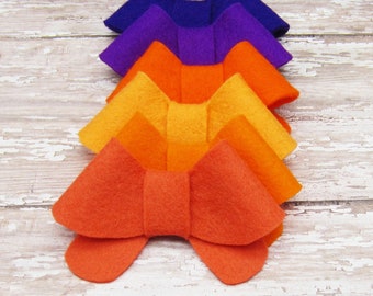 Set of 6 Felt Bows Hair Clip or French Barrette, Large Size, Purple and Orange