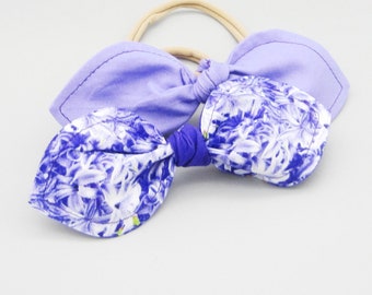 Set of 2 Bunny Ear Girls Headband Purple Floral and Lilac, Fits Infant to Adult, Nylon Headband, Toddler Headband, Stretchy Headband