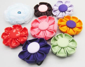 CLEARANCE! Set of 8 Kanzashi Fabric Flower Ponytail Holder, Ouchless Elastic, Flower Hair Tie, Black Elastic Band, Girl's Ponytail