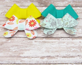 Set of 4 Felt Bows Hair Clip or French Barrette, Large Size, Yellow, Green, Floral