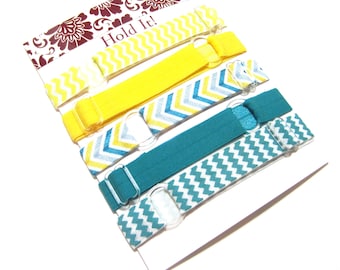 Set of 5 -Turquoise & Yellow Chevron Adjustable Elastic Headband, Hair Band, Soft Elastic, Adult Headband, Sport Headband, Yoga Headband