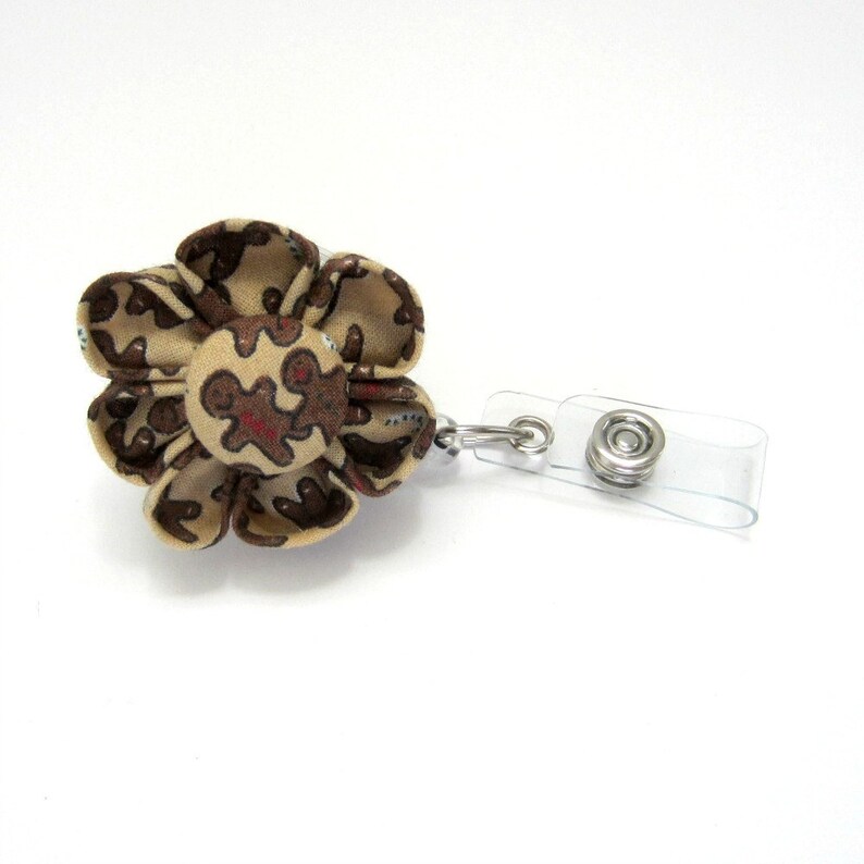 Badge Reel Retractable ID Holder Badge Holder Lanyard Gingerbread Man Holiday Kanzashi