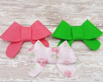 Set of 3 Felt Bows Hair Clip or French Barrette, Green, Pink, Floral
