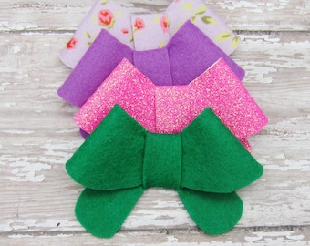 Set of 4 Felt Bows Hair Clip or French Barrette, Large Size, Lavender, Pink Glitter, Orchid, Emerald Green
