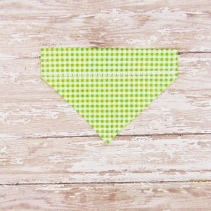 Green & white gingham pet bandana.  Fits over the collar.  4 sizes available.