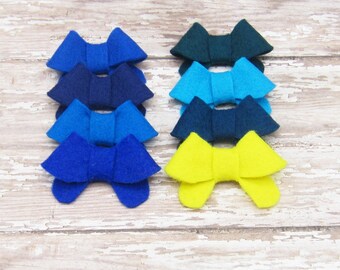 Set of 8 Felt Bows Hair Clip or French Barrette, Small Size, Blue & Yellow
