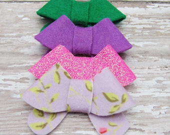 Set of 4 Felt Bows Hair Clip or French Barrette, Small Size, Lavender, Pink Glitter, Orchid, Emerald Green