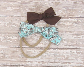 Set of 2 Schoolgirl Bow Headbands, Nylon Headband for Babies or Toddlers, Soft Elastic Hairband, Turquoise, Brown, Eiffel Tower