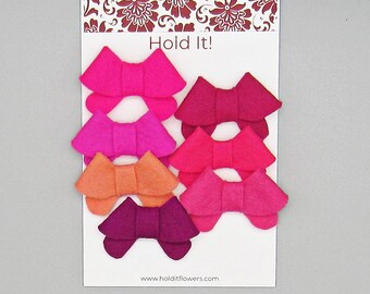 Set of 7 Felt Bows Hair Clip or French Barrette, Small Size, Coral, Pink, Magenta, Raspberry, Fuchsia