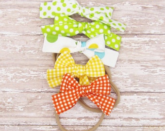 Set of 5 Schoolgirl Bow Headbands, Nylon Headband for Babies or Toddlers, Soft Elastic Hairband, Yellow, Green, Orange, Gingham, Polka Dot