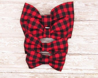 Red Buffalo Plaid Pet Bow Tie or Sailor Bow-4 Sizes Available, Fabric Pet Bow, Dog or Cat, Fits Over The Collar