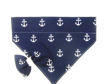 Navy Anchors Pet Bandana or Bow Tie, 4 Sizes Available, Pet Bib, Dog or Cat Bandana, Over-The-Collar Bandana, Bandana Scarf, Pet Bib