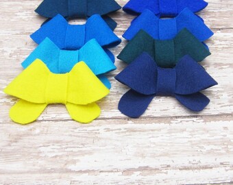 Set of 8 Felt Bows Hair Clip or French Barrette, Large Size, Blue & Yellow