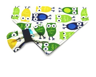 Green & Navy Blue Owls Pet Bandana or Bow Tie, Over The Collar, Dog Bandana, Dog Bow, Cat Bandana, Cat Bow, Pet Bow Tie-4 Sizes