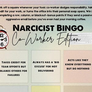 Bingo avec un collègue narcissique toxique - 1 carte unique, un jeu d'humour noir éclairant le bureau au gaz et un drame au travail, téléchargement, plaisir de la rage au travail