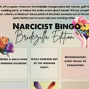 Bridezilla Narcissist Bingo: un juego de cartas único y humor negro para el caos y las payasadas en una boda. Descarga instantánea, Bride To Be, juego para beber.