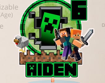 Personalized Minecraft Cake Topper, Block World Birthday (Digital Download)