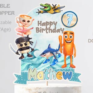 May include: A printable cake topper with a colorful design. The topper features cartoon characters, the text "Happy Birthday," and the name "Mathew." The cake is 6.5 inches in diameter. Digital download available.