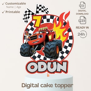 May include: A digital cake topper with a red monster truck, the number 7, flames, and a chequered flag design. The name "ODUN" is displayed below. Text includes "Customisable Name | Age", "Printable", "Digital Download", and "Ready in 24h".