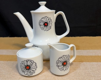 Midcentury moderne Blumen Teekanne, Milchkännchen und Zucker Set
