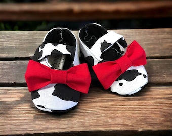 Cow Print Baby Girl Shoes with Bows | Newborn size up to 24 Months