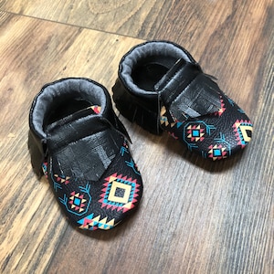 Black Aztec Southwest Baby Moccasins | Newborn size up to 24 M