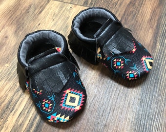 Black Aztec Southwest Baby Moccasins | Newborn size up to 24 M