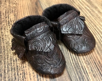 Brown Faux Tooled Leather Baby Moccasins | Newborn size up to 24 M