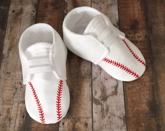 Baseball Baby Shoes | White Baby Shoes with Red Stitching | Newborn size up to 18 Months