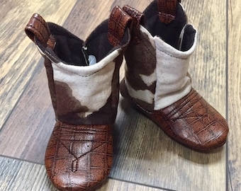 Brown & White Cow Print Baby Cowboy Boots | Cowgirl Boots | Faux Leather Boots | Newborn up to 24 Month Sizes