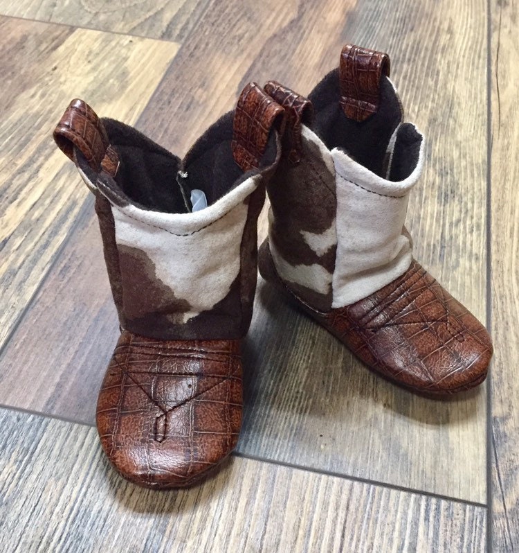 Brown & White Cow Print Baby Cowboy Boots | Cowgirl Boots | Faux Leather Boots | Newborn up to 24 Month Sizes