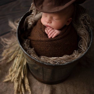 May include: A newborn baby wearing a brown cowboy hat, wrapped in a brown blanket, and nestled in a metal bucket. The bucket is lined with a soft, textured material. Dried wheat stalks are placed around the bucket, creating a rustic theme.