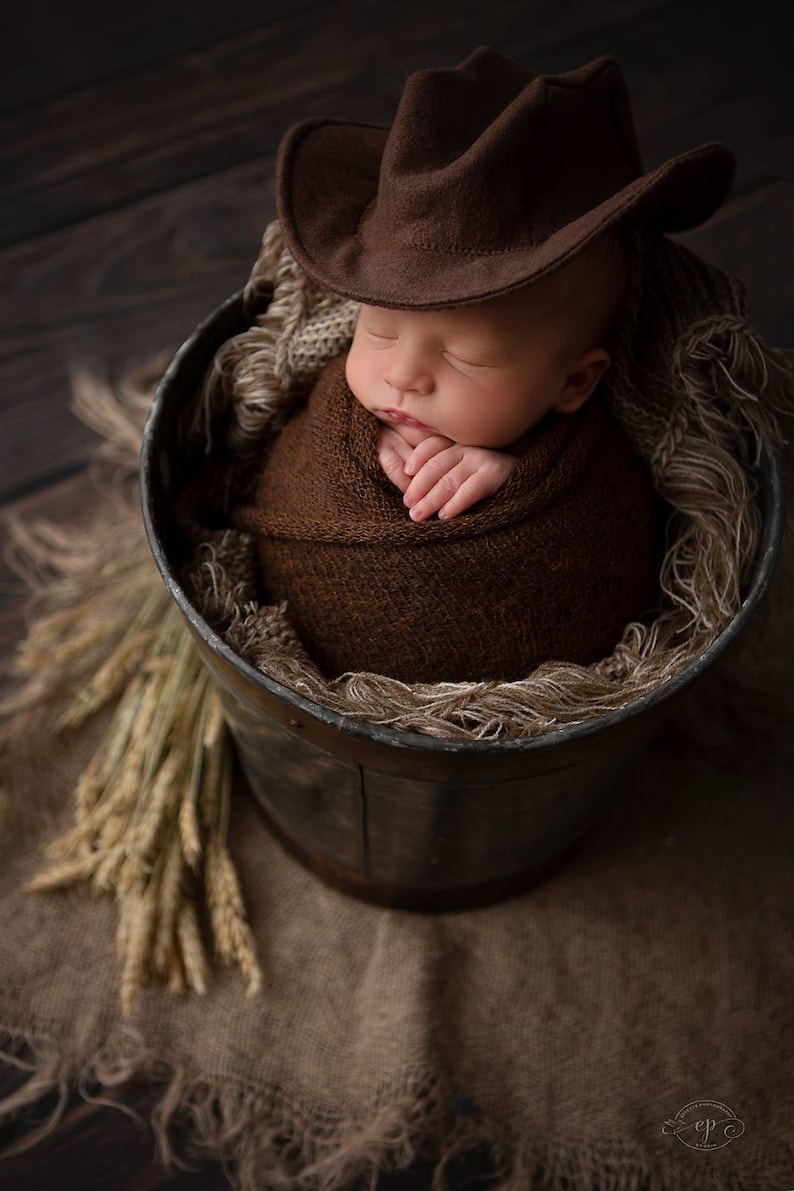 May include: A newborn baby wearing a brown cowboy hat, wrapped in a brown blanket, and nestled in a metal bucket. The bucket is lined with a soft, textured material. Dried wheat stalks are placed around the bucket, creating a rustic theme.